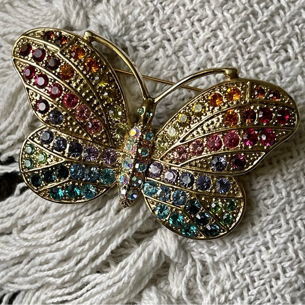 KIRKS FOLLY | Vintage | Rainbow Rhinestones Butterfly Gold Tone Brooch Pin